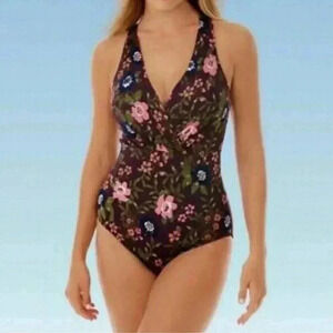 Embrace Your Curves Maroon Floral V-Neck Plunge Spaghetti Strap One Piece Size M